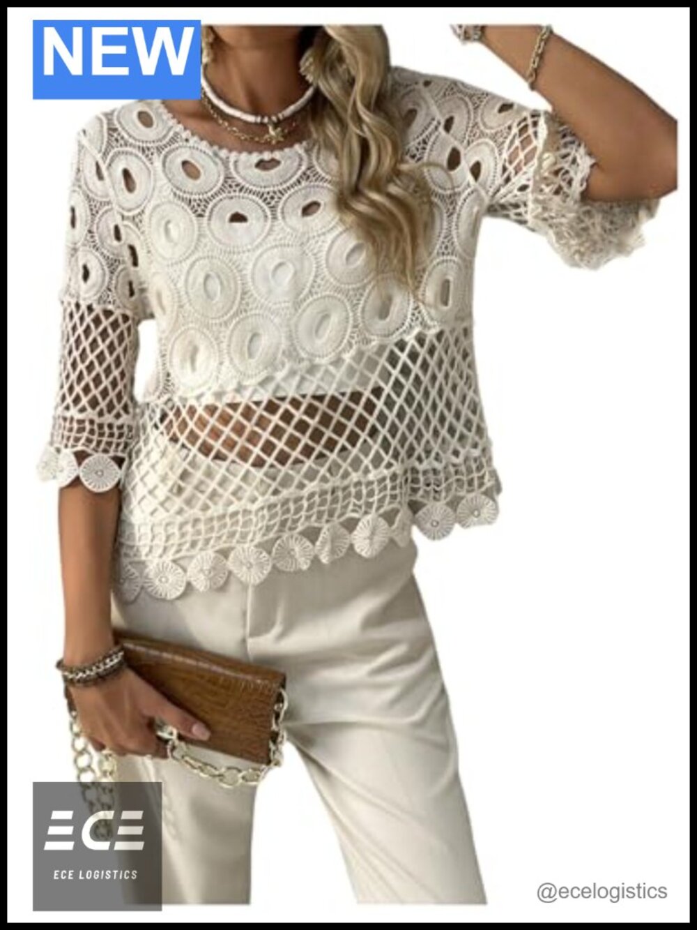 Hollow Crochet 3/4 Sleeve Boho Sheer Cropped Knit Top